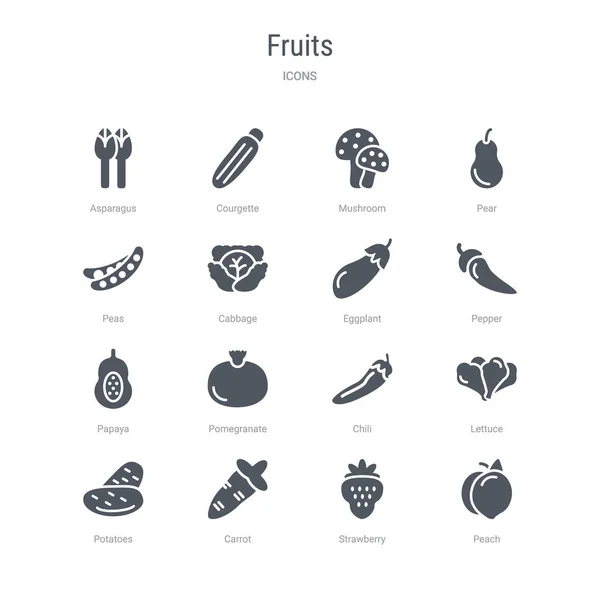Ensemble de 16 icônes vectorielles telles que pêche, fraise, carotte, pomme de terre — Image vectorielle