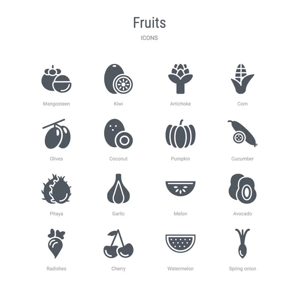 Ensemble de 16 icônes vectorielles telles que l'oignon de printemps, pastèque, cerise , — Image vectorielle
