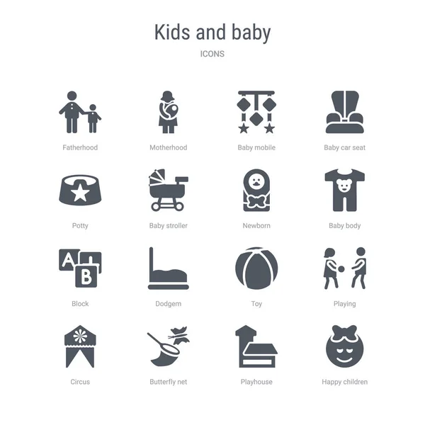 Ensemble de 16 icônes vectorielles telles que les enfants heureux, maison de jeux, beurre — Image vectorielle