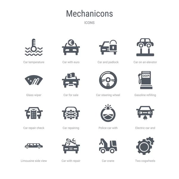 Set of 16 vector icons such as two cogwheels, car crane, car wit — Stock Vector