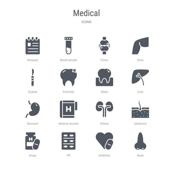 Sada 16 vektorových ikon, jako je nos, antibiotika, pilulka, drogy, EP — Stockový vektor