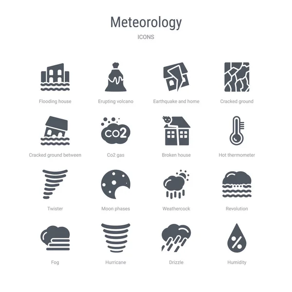 Set di 16 icone vettoriali come umidità, gocciolamento, uragano, nebbia — Vettoriale Stock