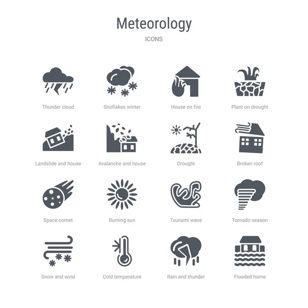 Conjunto de 16 iconos vectoriales como casa inundada, lluvia y truenos, c — Archivo Imágenes Vectoriales