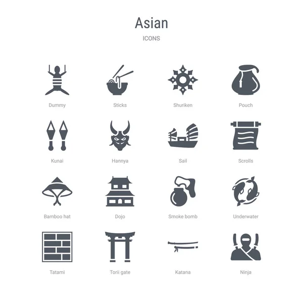 Conjunto de 16 iconos vectoriales como ninja, katana, torii gate, tatami — Vector de stock