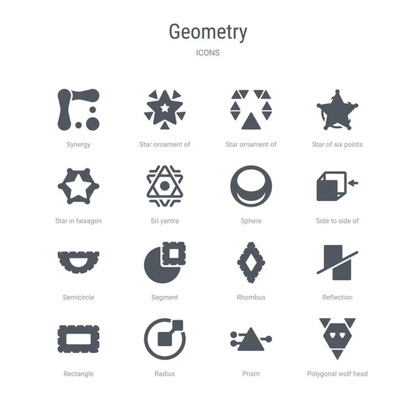 Ensemble de 16 icônes vectorielles telles que tête de loup polygonale, prisme, radiu — Image vectorielle