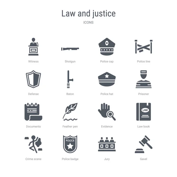 Satz von 16 Vektor-Symbolen wie Hammer, Jury, Polizeiabzeichen, Verbrechen — Stockvektor