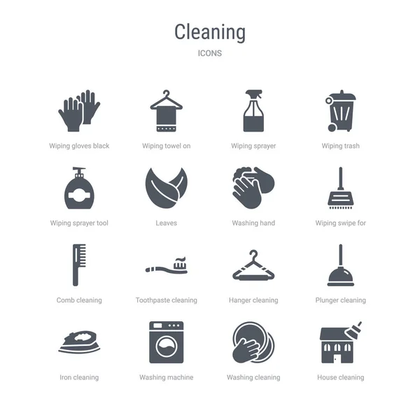 Sada 16 vektorových ikon, jako je čištění domácnosti, prací čištění, — Stockový vektor