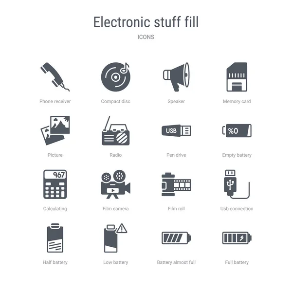 Conjunto de 16 iconos vectoriales como la batería completa, la batería casi llena — Archivo Imágenes Vectoriales