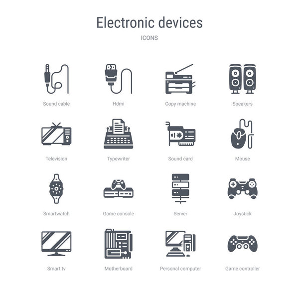 набор из 16 векторных значков, таких как контроллер игры, персональный компьютер
