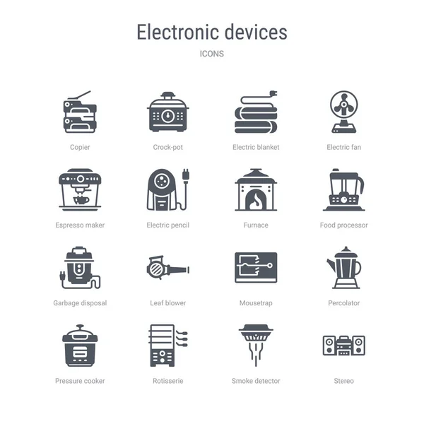 Conjunto de 16 iconos vectoriales como estéreo, detector de humo, rotisseri — Archivo Imágenes Vectoriales