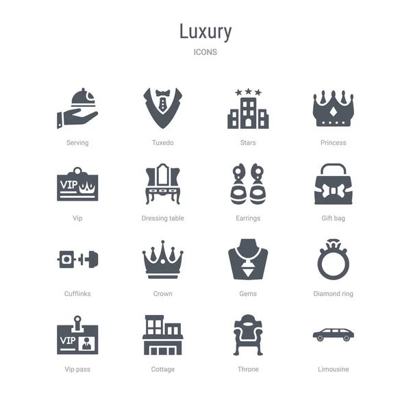 Ensemble de 16 icônes vectorielles telles que limousine, trône, chalet, vip p — Image vectorielle