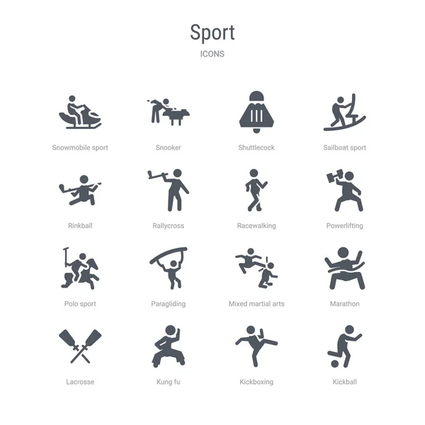 set of 16 vector icons such as kickball, kickboxing, kung fu, la