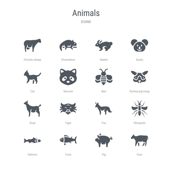Uppsättning av 16 vektor ikoner som Ko, gris, tonfisk, lax, mygga, — Stock vektor