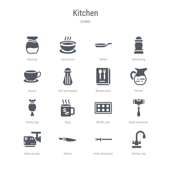 Set mit 16 Vektorsymbolen wie Küchenhahn, Messerschärfer, Strickwaren — Stockvektor