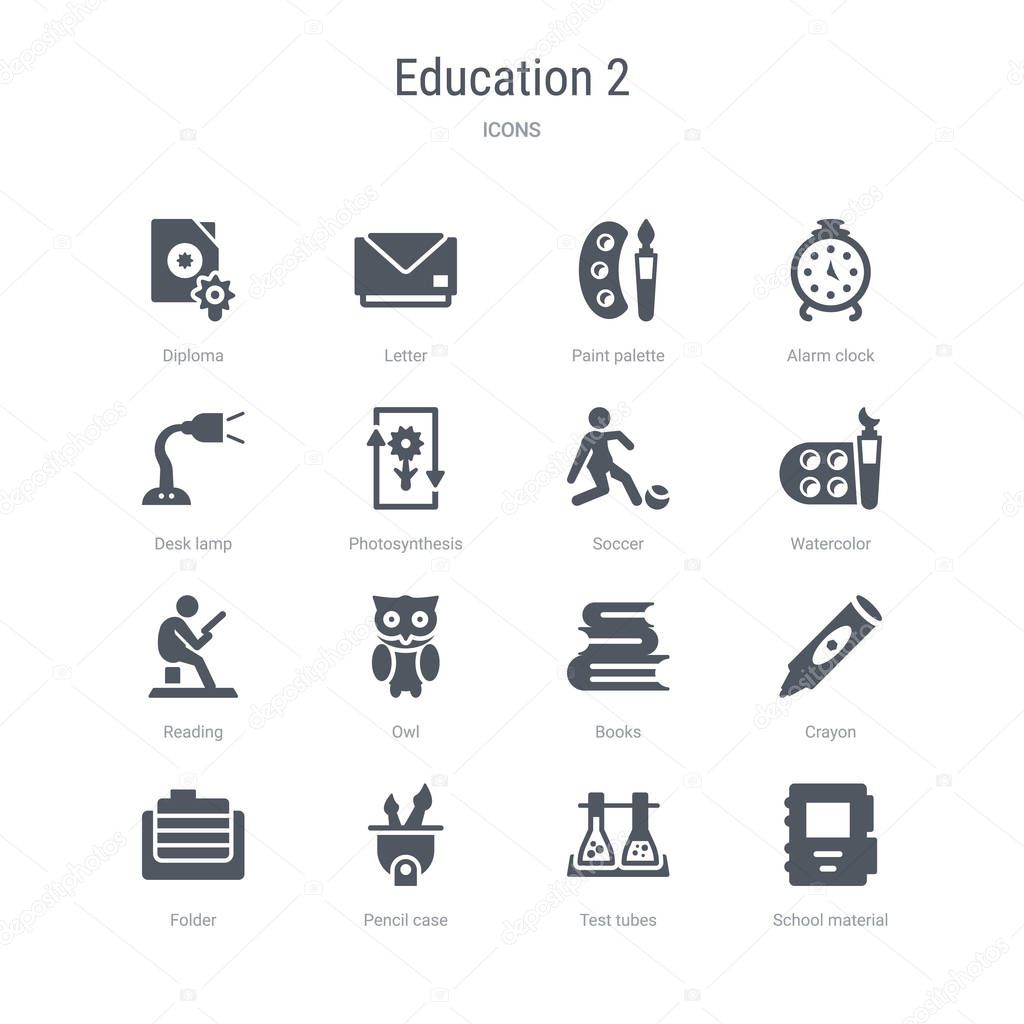 Set of 16 vector icons such as school material, test tubes, pencil case, folder, crayon, books, owl, reading from education 2 concept. can be used for web, logo, ui\u002fux