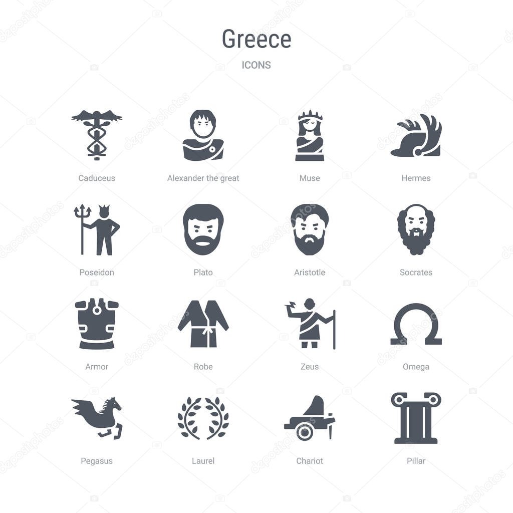Set of 16 vector icons such as pillar, chariot, laurel, pegasus, omega, zeus, robe, armor from greece concept. can be used for web, logo, ui\u002fux