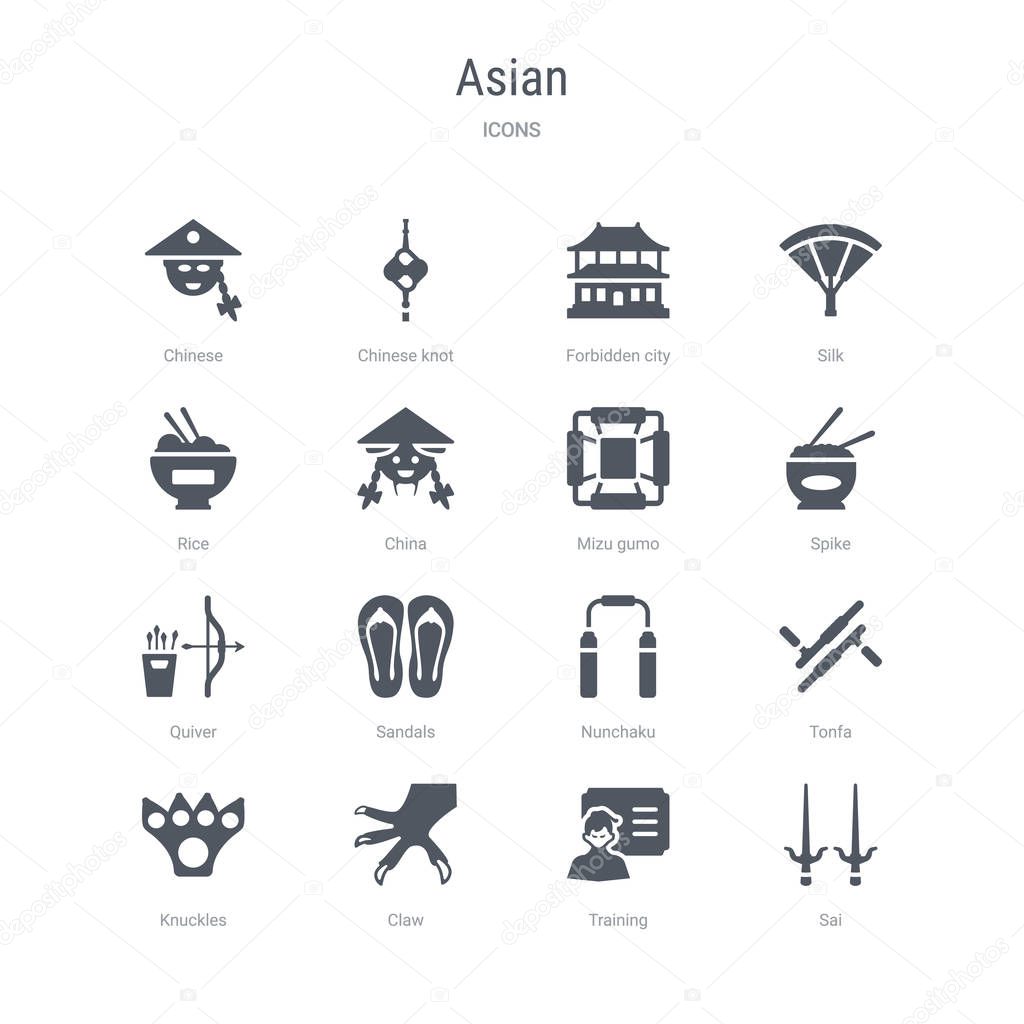set of 16 vector icons such as sai, training, claw, knuckles, to