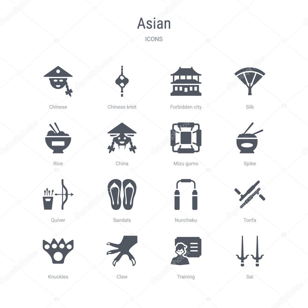 Set of 16 vector icons such as sai, training, claw, knuckles, tonfa, nunchaku, sandals, quiver from asian concept. can be used for web, logo, ui\u002fux