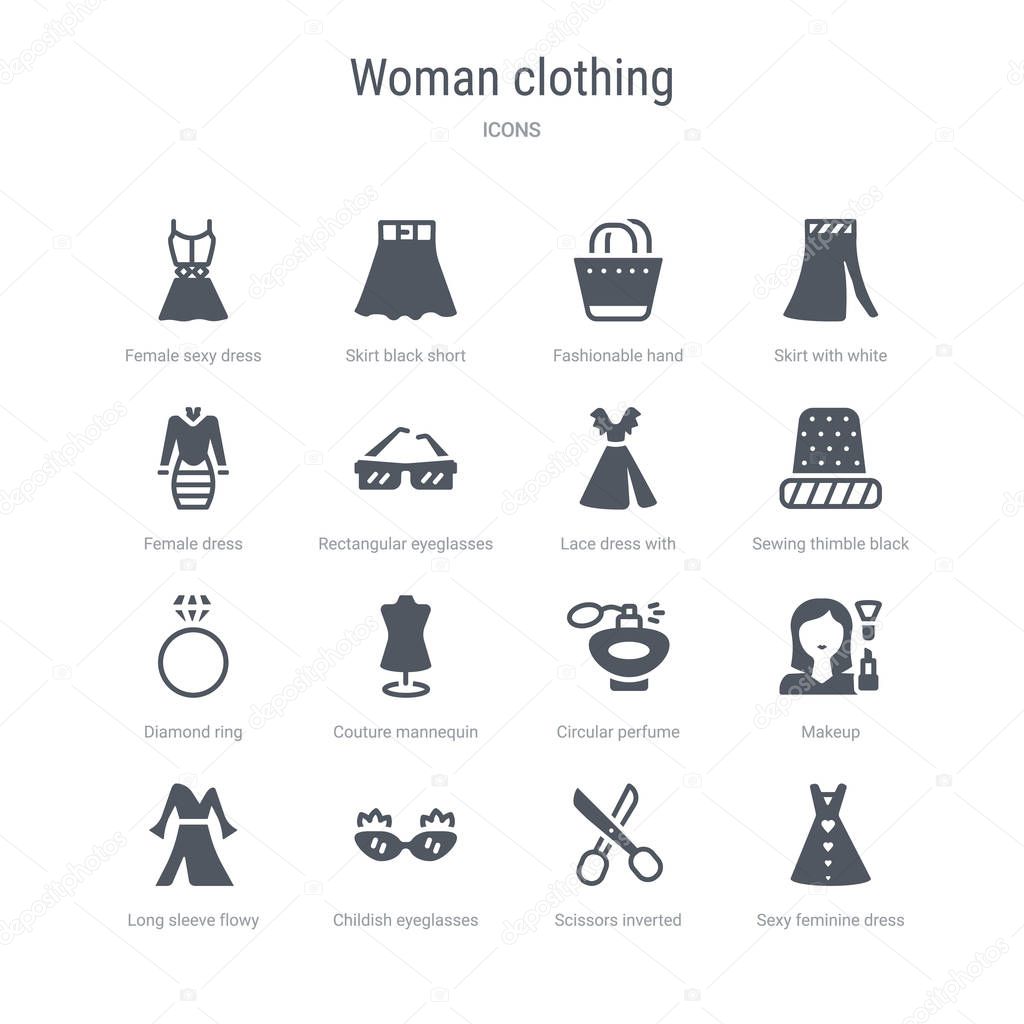 set of 16 vector icons such as sexy feminine dress in black, sci