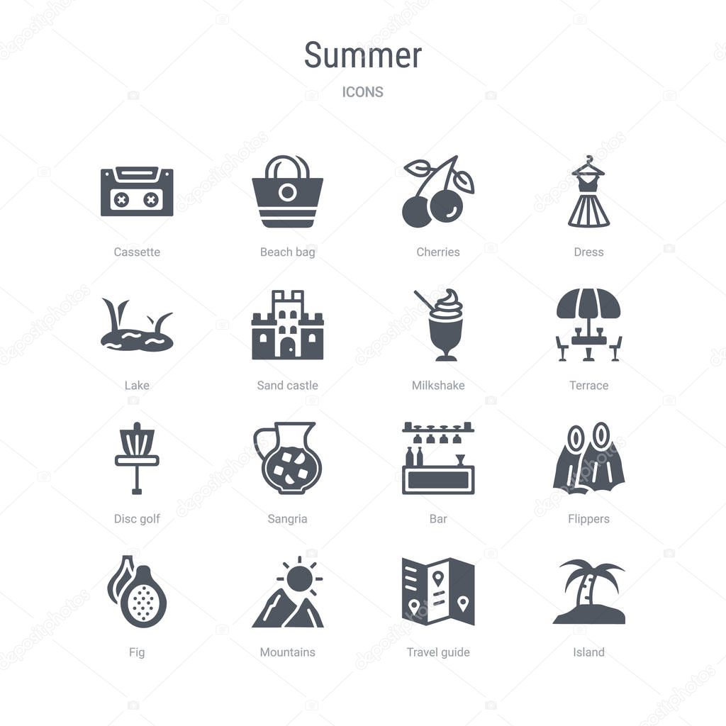 set of 16 vector icons such as island, travel guide, mountains, 