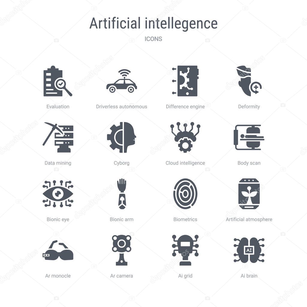 set of 16 vector icons such as ai brain, ai grid, ar camera, ar 