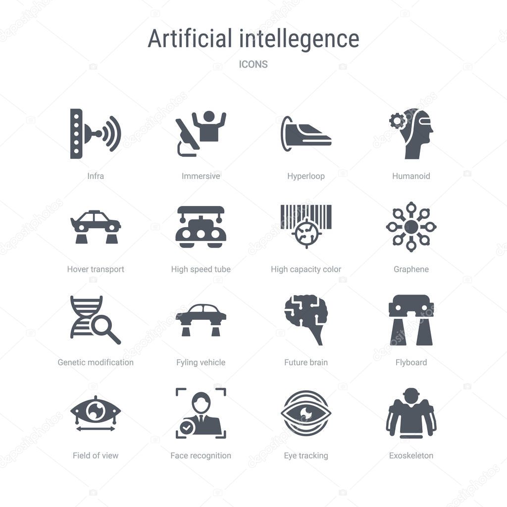 set of 16 vector icons such as exoskeleton, eye tracking, face r