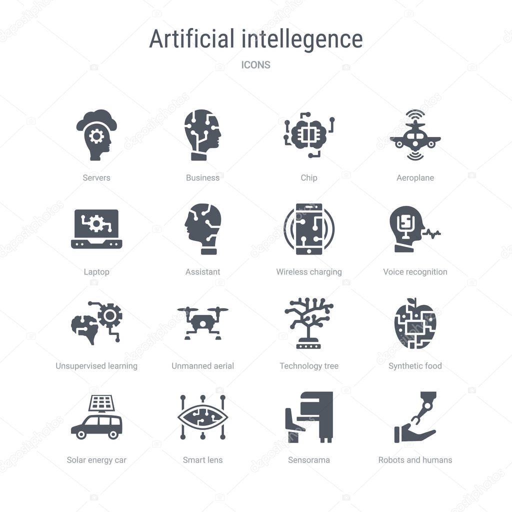 set of 16 vector icons such as robots and humans, sensorama, sma