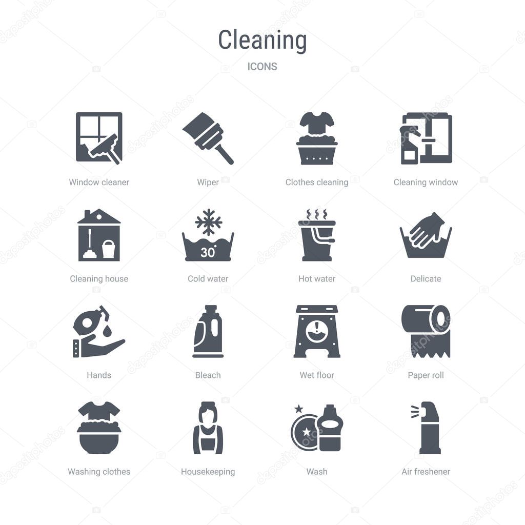 Set of 16 vector icons such as air freshener, wash, housekeeping, washing clothes, paper roll, wet floor, bleach, hands from cleaning concept. can be used for web, logo, ui\u002fux