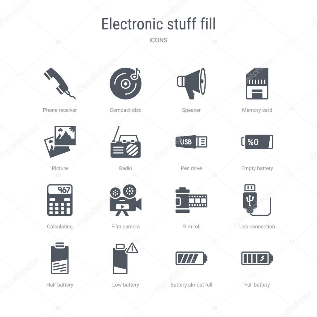 Set of 16 vector icons such as full battery, battery almost full, low battery, half usb connection, film roll, film camera, calculating from electronic stuff fill concept. can be used for web, logo,
