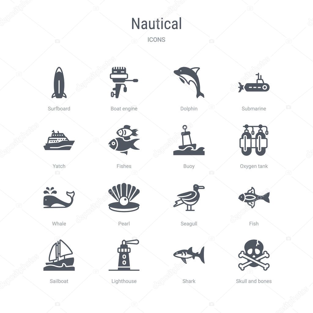 set of 16 vector icons such as skull and bones, shark, lighthous