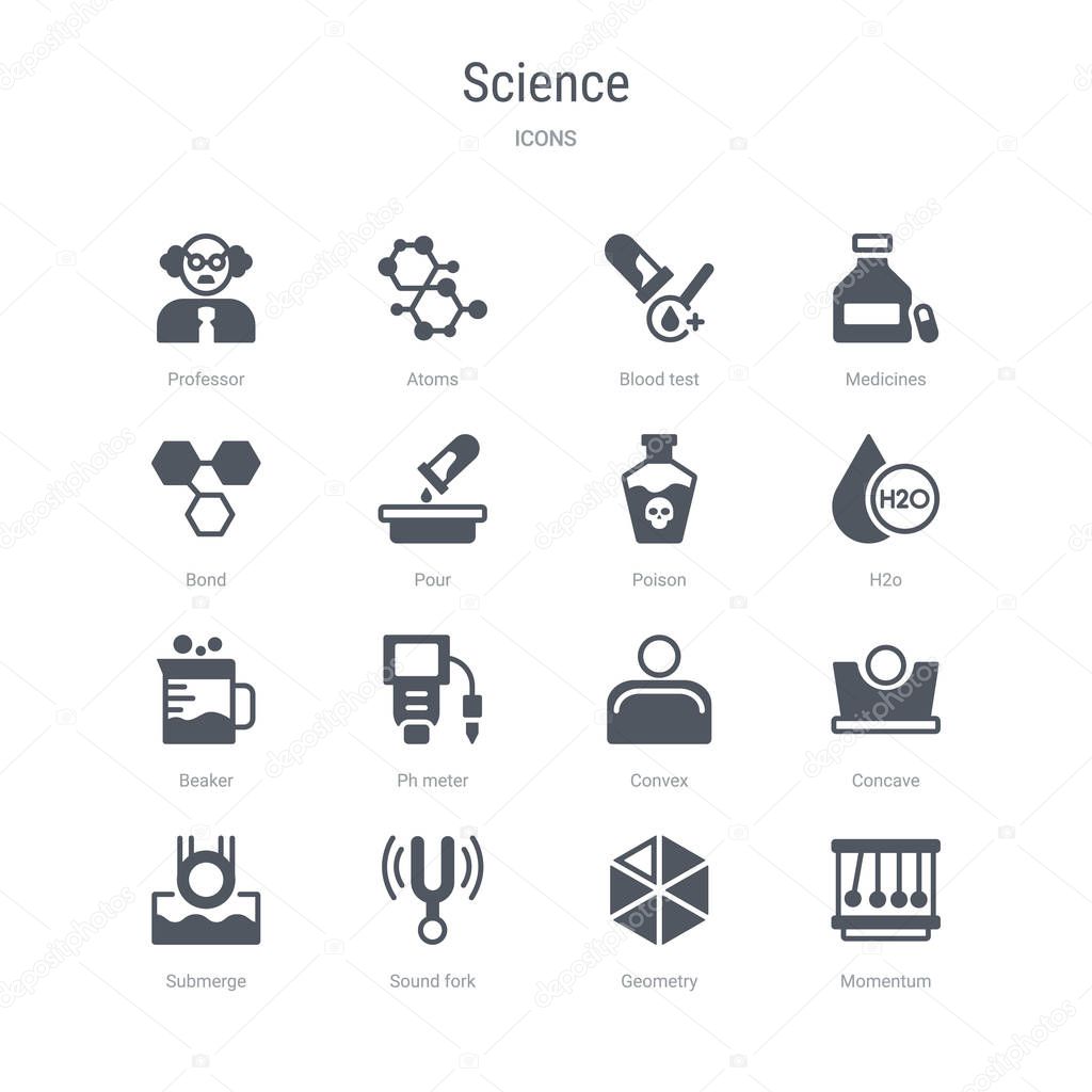 set of 16 vector icons such as momentum, geometry, sound fork, s