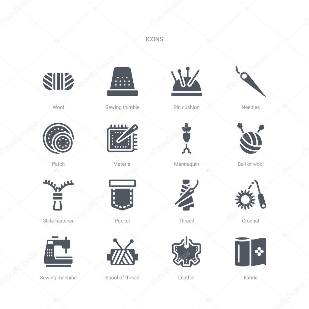 Set of 16 vector icons such as fabric, leather, spool of thread, sewing machine, crochet, thread, pocket, slide fastener from sew concept. can be used for web, logo, ui\u002fux