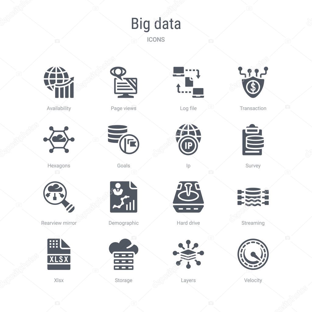 set of 16 vector icons such as velocity, layers, storage, xlsx, 