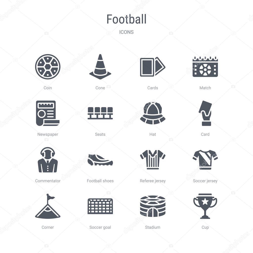 Set of 16 vector icons such as cup, stadium, soccer goal, corner, soccer jersey, referee jersey, football shoes, commentator from football concept. can be used for web, logo, ui\u002fux