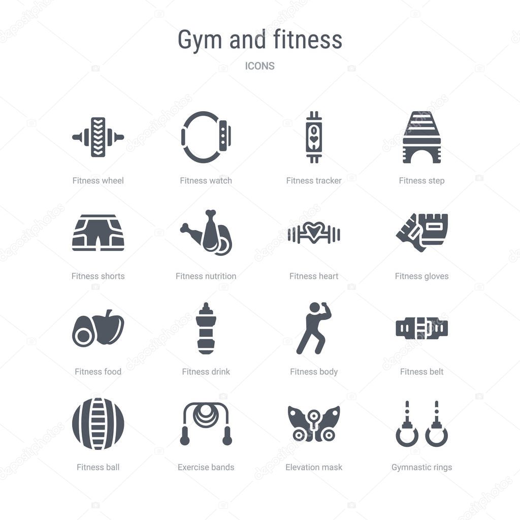 Set of 16 vector icons such as gymnastic rings, elevation mask, exercise bands, fitness ball, fitness belt, fitness body, drink, food from gym and concept. can be used for web, logo, ui\u002fux