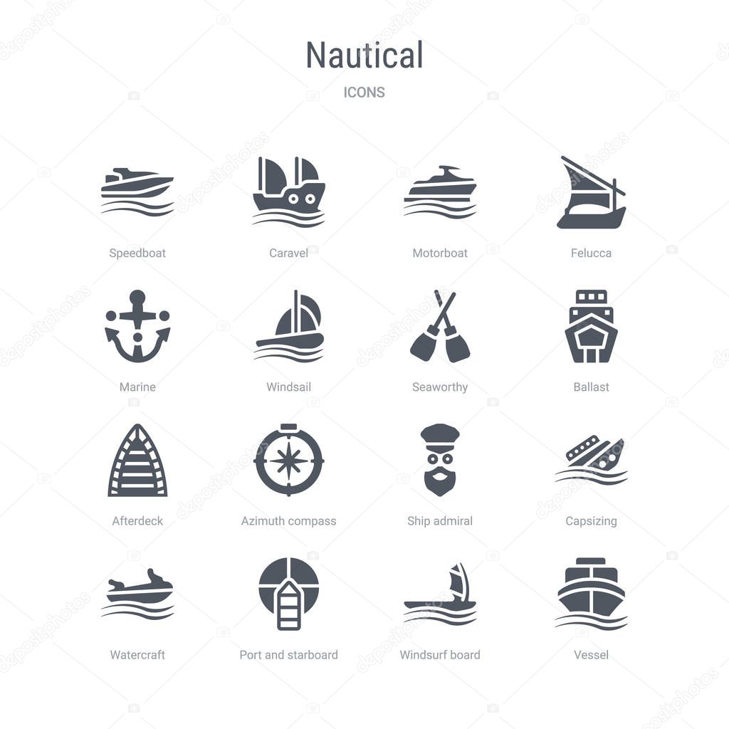 set of 16 vector icons such as vessel, windsurf board, port and 
