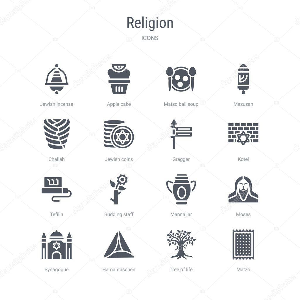 set of 16 vector icons such as matzo, tree of life, hamantaschen