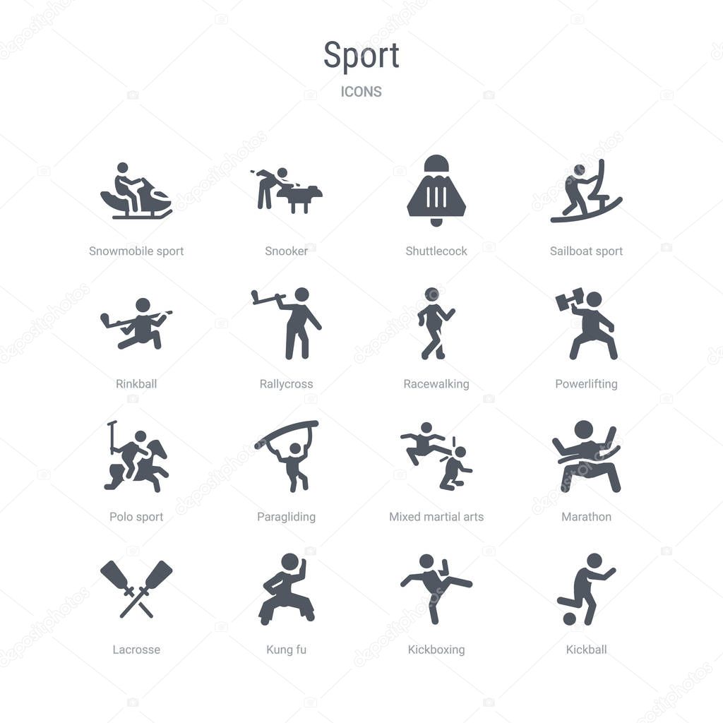 set of 16 vector icons such as kickball, kickboxing, kung fu, la