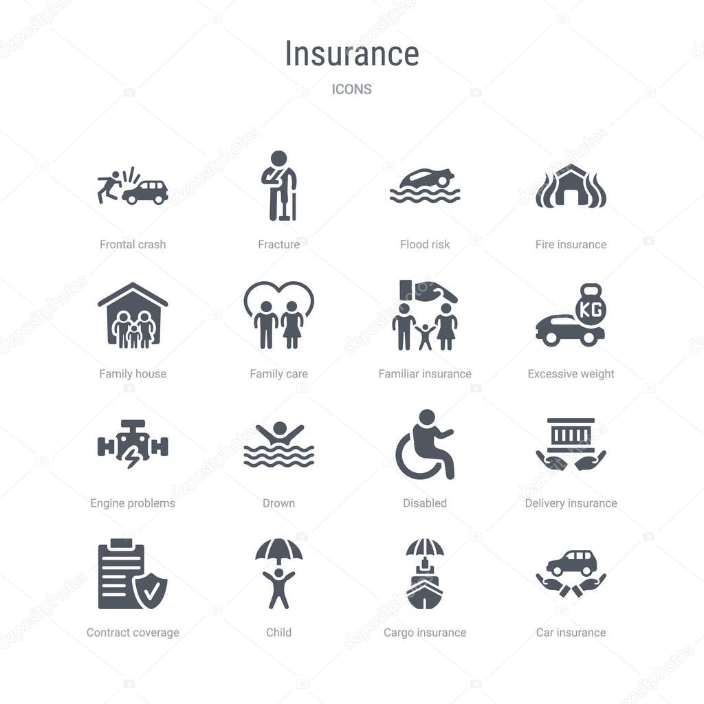 set of 16 vector icons such as car insurance, cargo insurance, c