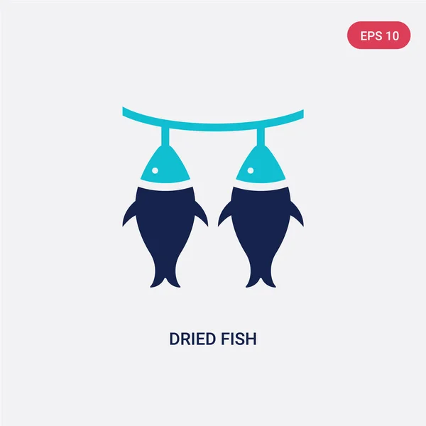 Zwei farbige getrocknete Fischvektorsymbole aus dem Nahrungsmittelkonzept. isoliert blu — Stockvektor