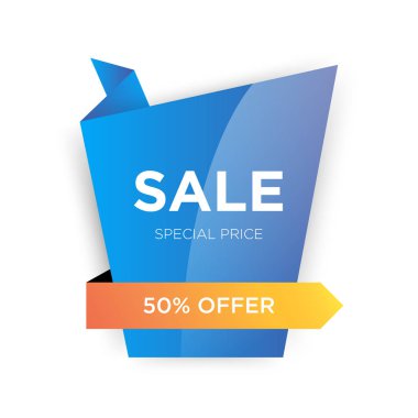Mavi ve turuncu katlanmış şerit ile 50% Satış afiş şablonu desi