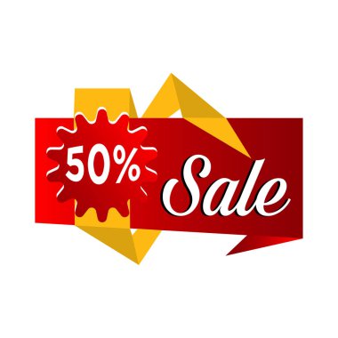 Kırmızı ve sarı katlanmış kurdeleler %50 indirimli. Satılık afiş tem