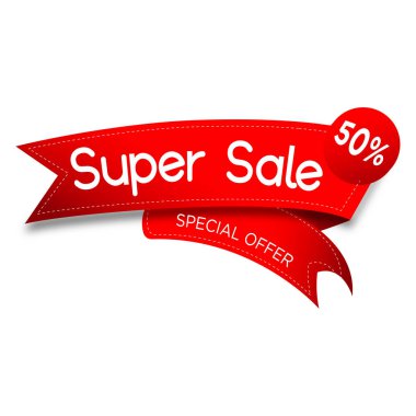 % 50 indirim etiketi ile kırmızı katlanmış yuvarlak şerit. Satılık afiş templ