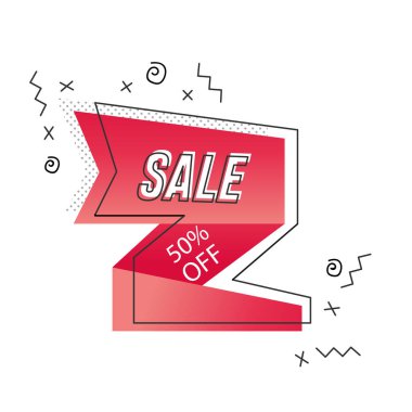 Büyük satış özel afiş teklif% 50 indirim ile kırmızı kurdele. Satış yasağı