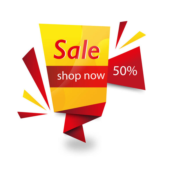 Yellow red folded ribbons. Sale banner template design. Big sale