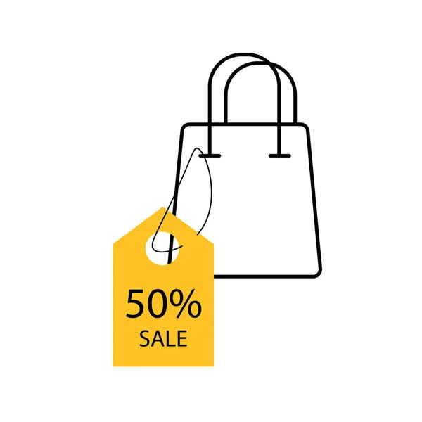 Étiquette jaune avec icône de sac de course. 50 % discount Vente bannière templa — Image vectorielle