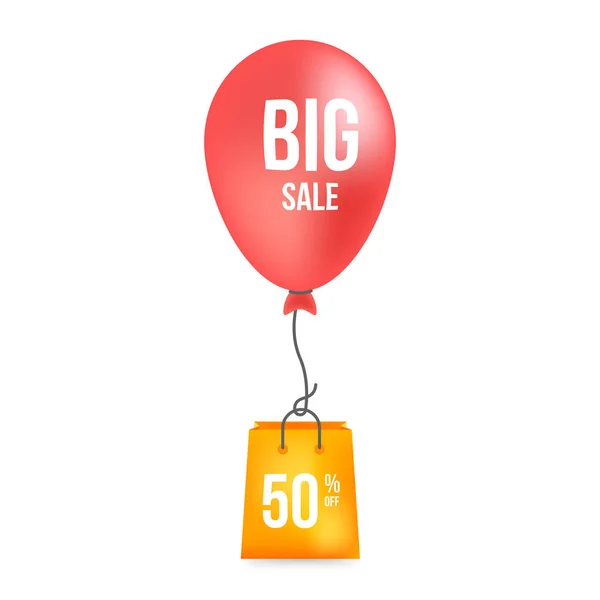 Roter Luftballon mit orangefarbenem Beutel. 50% Verkauf Banner Vorlage Design. — Stockvektor