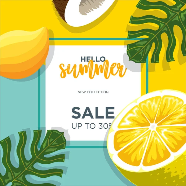 Lemon slice and green leaves. Summer Sale banner template design — Stock Vector