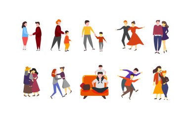 Çocuk koleksiyonu ile ailelerin çiftler renkli bir dizi. Erkek ve kadın romantik çift karikatür tarzında vektör illüstrasyon izole. Çocuklu bir aile. Beyaz arka planda renkli karakterler.