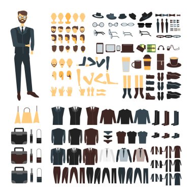 Businessman character with suits set. Body parts collection, stylish clothes, accessories, faces. Front and back views of heads, faces. Set of elegant man elements. Vector illustration. clipart